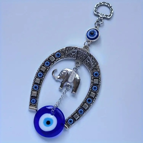 NWT Ornate Silver Metal Elephant🐘 Blue Evil Eye 🧿 Horseshoe Hanging Decoration - Picture 5 of 11